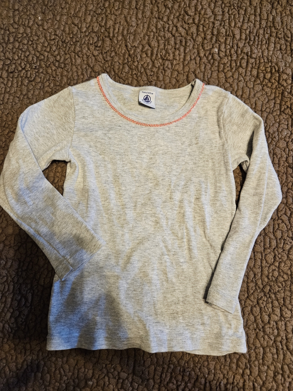 Petit Bateau 100% Cotton Light Gray Long-Sleeve Tee with Pink Neck Stitch